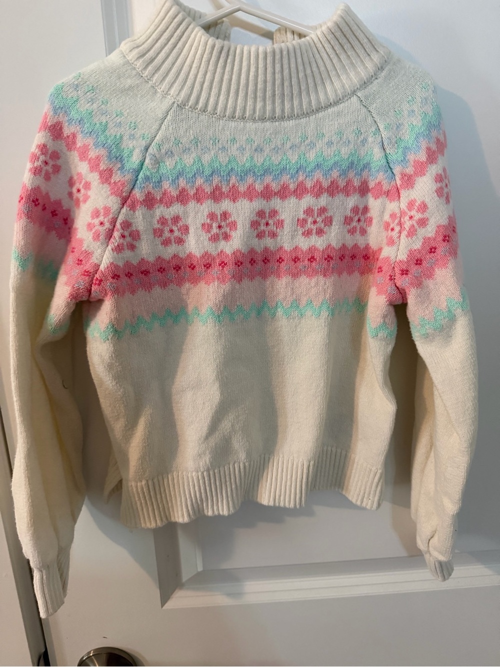 Girl’s Cream Fair Isle Pullover Sweater with Pink & Mint Pattern